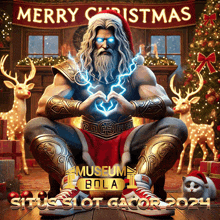 a poster for merry christmas with a statue of zeus making a heart with his hands