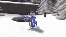 a cartoon character wearing a blue sweater and a blue hat is standing in the snow