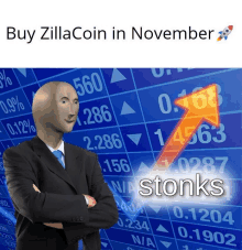 a man in a suit and tie stands in front of a stock chart with the words buy zillacoin in november