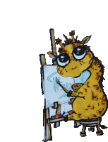 a giraffe is painting on an easel with a brush