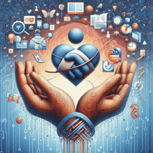 a painting of two hands holding a heart surrounded by computer icons