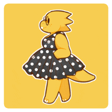 a cartoon drawing of a yellow animal wearing a black and white polka dot dress