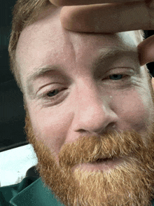 a close up of a man 's face with a beard