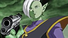 a green and white anime character is holding a gun in his hand .