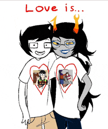 a couple of cartoon characters standing next to each other with the words love is written on the top