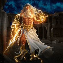 a statue of zeus holding a lightning bolt in front of a building