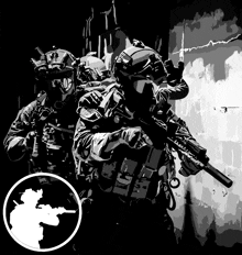 a black and white drawing of soldiers with guns