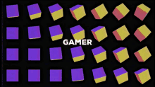 a black background with purple and yellow cubes and the word gamer on the bottom