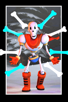 a cartoon skeleton with a red cape and boots surrounded by bones