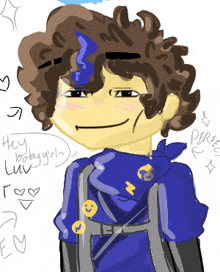 a drawing of a boy with curly hair wearing a backpack