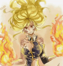 a drawing of a girl with yellow hair holding a torch