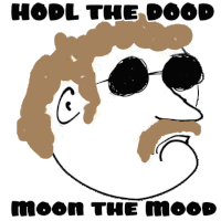 a drawing of a man with sunglasses and the words " hodl the dood moon the mood "