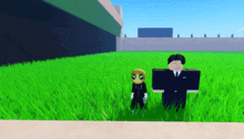 a man in a suit and tie is standing next to an alien in a field