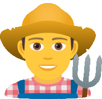 a man wearing a straw hat and overalls is holding a pitchfork