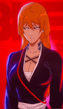 a woman with long orange hair is wearing a black kimono