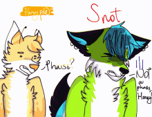 a drawing of a cat and a fox with the word snot on the bottom