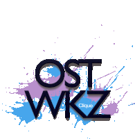 a logo for ost wkz clique with blue and purple paint splashes