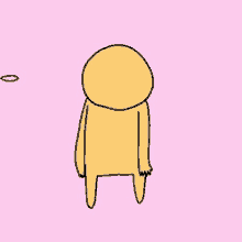 a yellow cartoon character is standing on a pink background and looking at something .