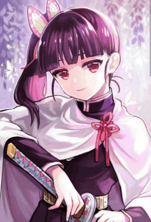 a girl with purple hair is holding a sword in her hand