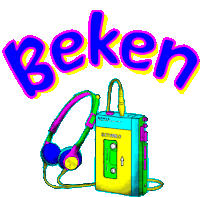 a cartoon drawing of a cassette player and headphones with the word " beker " above it