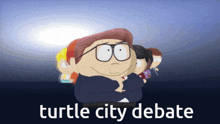 a cartoon of a man with glasses and the words " turtle city debate "