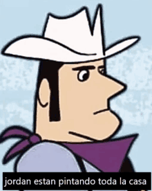 a cartoon cowboy with a white hat and a purple scarf .