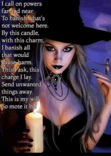 a woman in a witch costume is holding a candle and a quote .