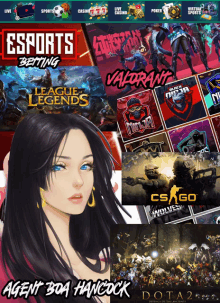 a poster for esports betting shows a woman surrounded by various games