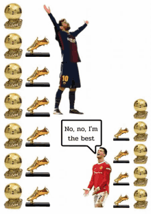 a soccer player with the number 10 on his jersey stands in front of a row of gold trophies