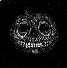 a black and white drawing of a pumpkin with big eyes and a smile