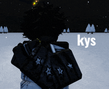 a person standing in the snow with the word kys on the bottom right