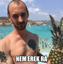 a shirtless man is holding a pineapple in front of a beach