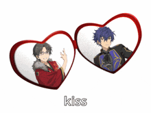 two anime characters are in heart shaped frames and the word kiss is below them