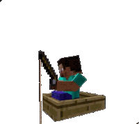 a minecraft character is sitting in a basket holding a sword and fishing rod .