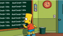 bart simpson is standing in front of a blackboard that says cumple 1 anito