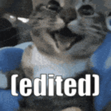 a cat is sitting on a blue blanket with its mouth open and the word edited written on the bottom .