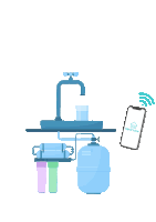 an illustration of a water filter with a phone that says aquasense on it