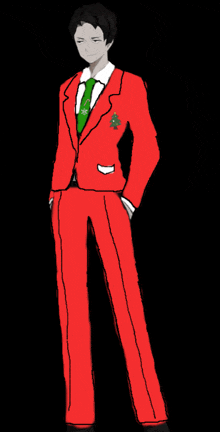 a man in a red suit and green tie