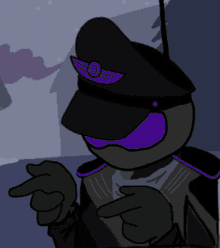 a cartoon character wearing a black hat and purple goggles pointing