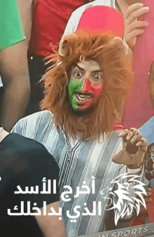 a man with a lion wig painted on his face sits in the stands