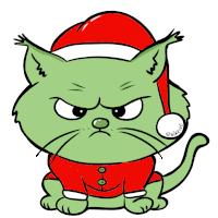 a green cat is wearing a santa hat