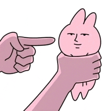 a cartoon of a hand holding a pink rabbit with a face on it .