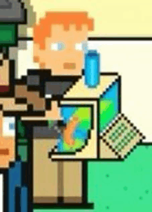 a pixel art illustration of a man sitting at a desk with a can of soda .