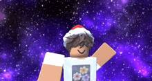 a roblox character wearing a santa hat is standing in front of a galaxy