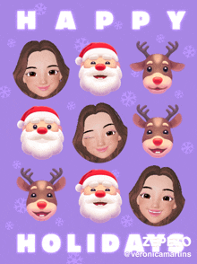 a purple background with santa claus and reindeer faces says happy holiday