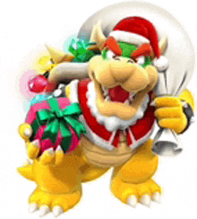 bowser is holding a bag of presents and a bell .