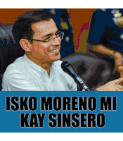 a man sitting in front of a microphone with the words " isko moreno mi kay sinsero " above him