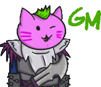 a cartoon drawing of a pink cat with the word gm written below it