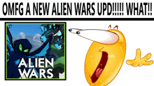 a cartoon smiley face is laughing in front of a poster for alien wars