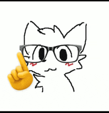 a drawing of a cat wearing glasses and pointing up .